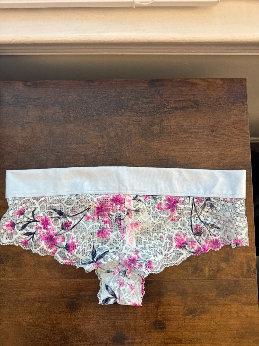 PINK Victoria's Secret White Lace Boyshort Panty with Pink Floral Embroidery